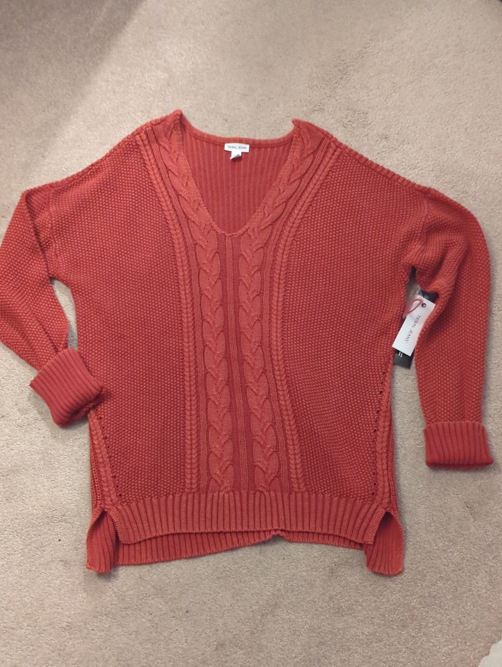 Tribal Jeans Cable-Front V-Neck Sweater in Dark Rust. XL